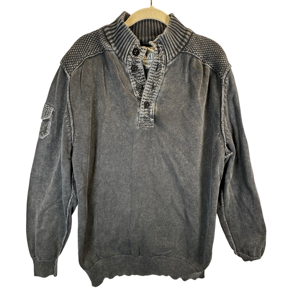 BKE Athletic Fit Mens XL Gray Acid Wash Henley Pullover Sweater Grunge Cotton